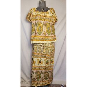 Vintage 60s Indian Paisly Horse Print Yellow Antique Wrap Skirt And Top Set Boho